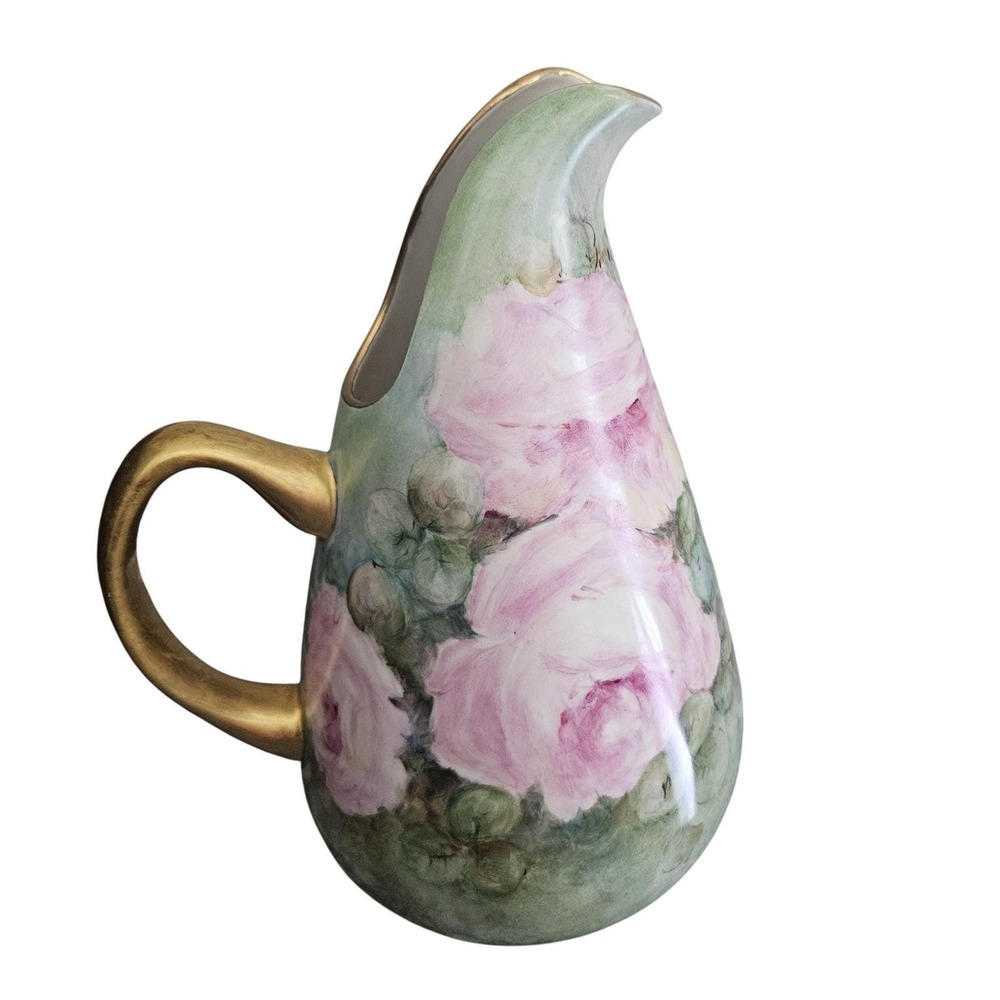 Hand‎ Painted Porcelain Pitcher Delicate Pink Roses Gold Gilded Handle 10.5 Inch